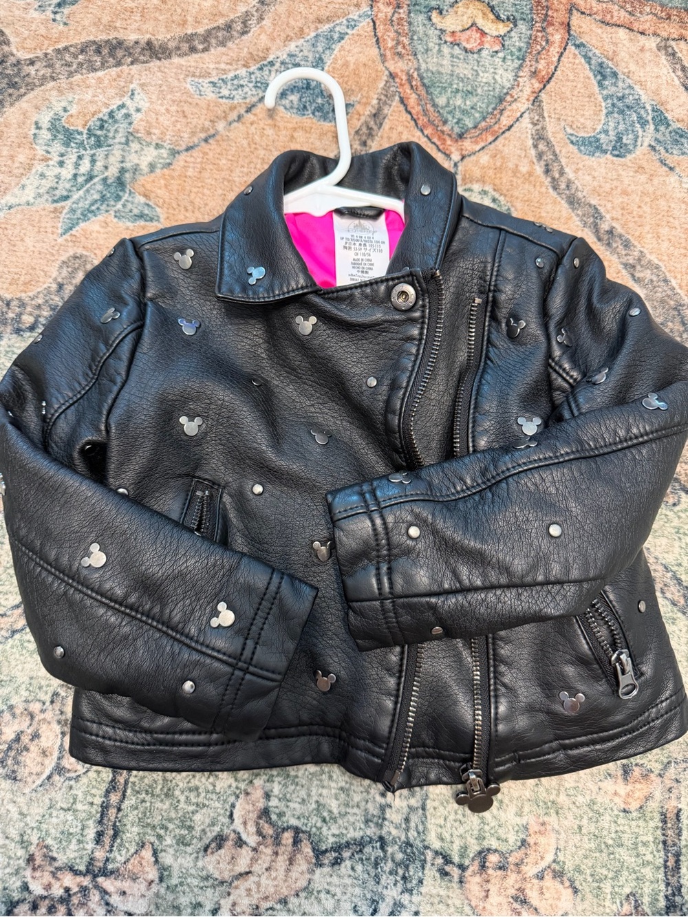 Disney Girls' Black Faux Leather Mickey Stud Moto Jacket with Pink Lining